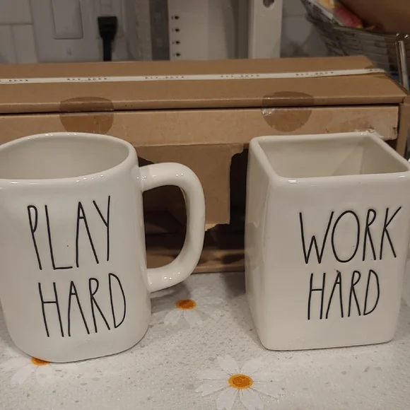 Rae Dunn Cream Mug and Holder Set - Play Hard, Work Hard - Picture 1 of 6